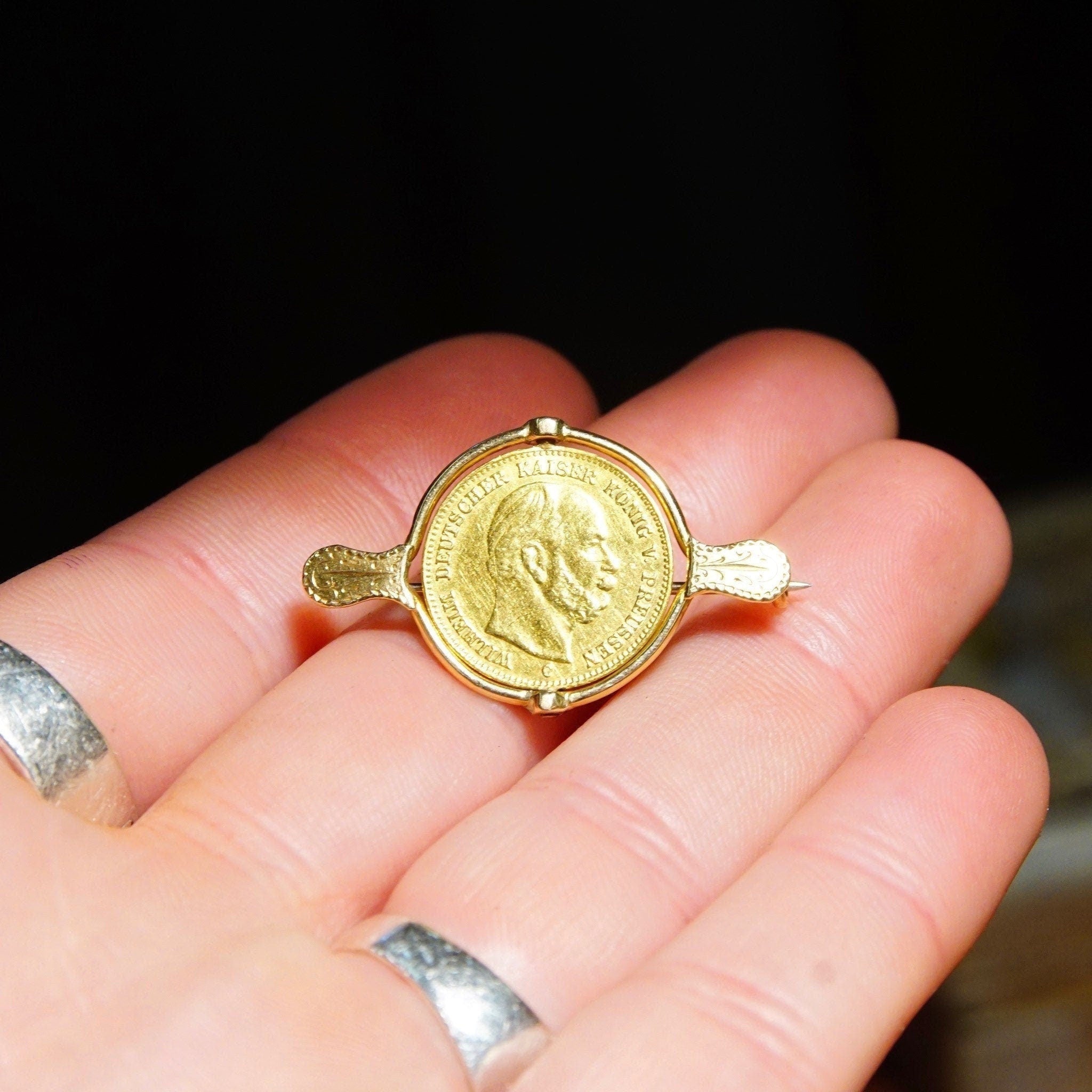 Vintage 1877-C Wilhelm Deutscher Kaiser Konig Preussen 5 Mark Gold Coin Brooch, 14K Gold Coin Spinner Pin, 17mm German Coin,