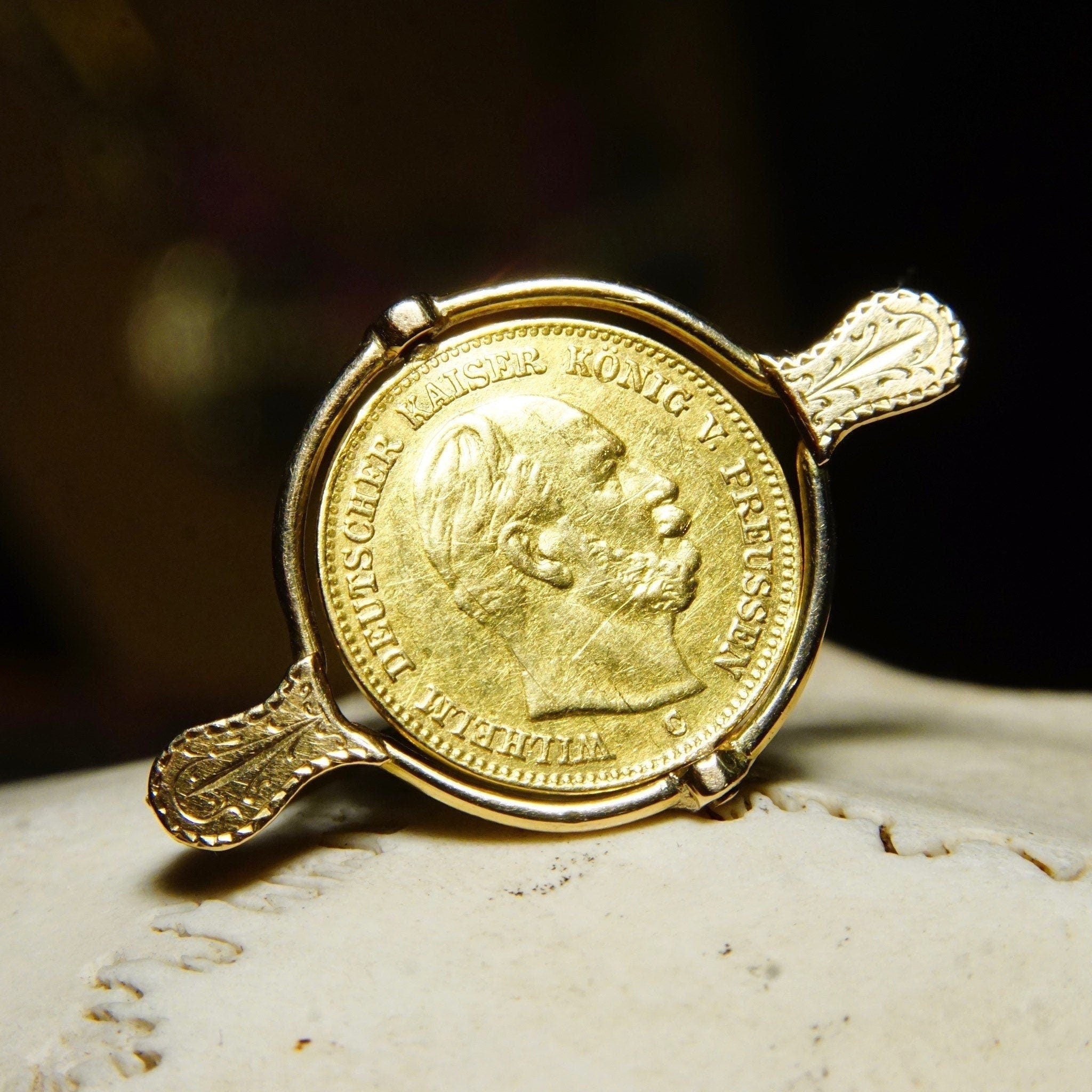 Vintage 1877-C Wilhelm Deutscher Kaiser Konig Preussen 5 Mark Gold Coin Brooch, 14K Gold Coin Spinner Pin, 17mm German Coin,