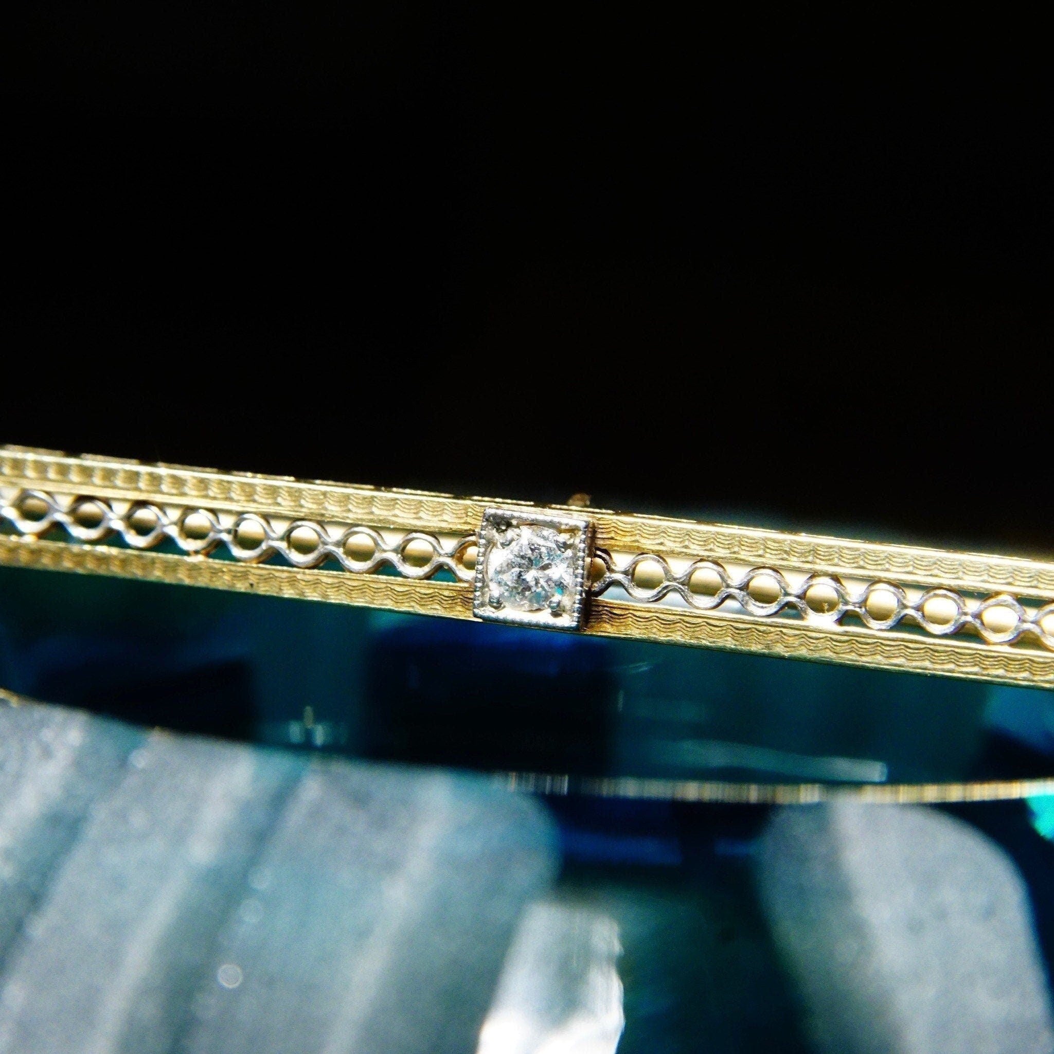 Antique Art Deco 14K Yellow Gold Filigree Diamond & Sapphire Bar Pin, .06 CT Diamond, Square Blue Gemstones, Rectangular Bar Pin, 2 1/2" L