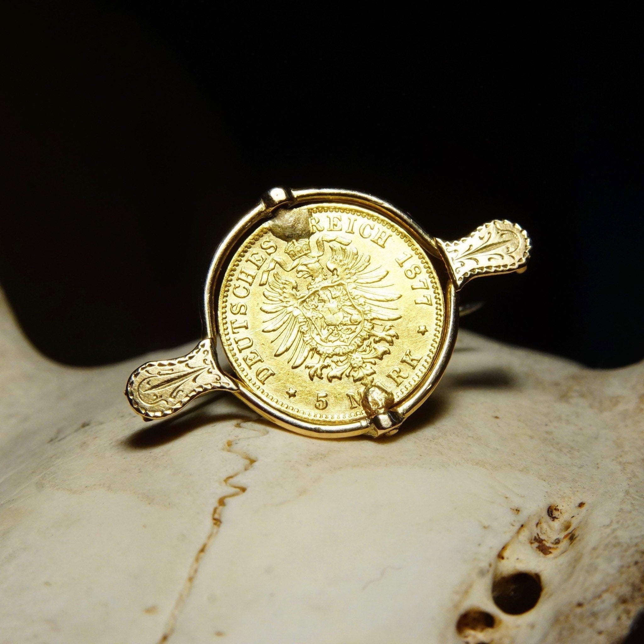 Vintage 1877-C Wilhelm Deutscher Kaiser Konig Preussen 5 Mark Gold Coin Brooch, 14K Gold Coin Spinner Pin, 17mm German Coin,