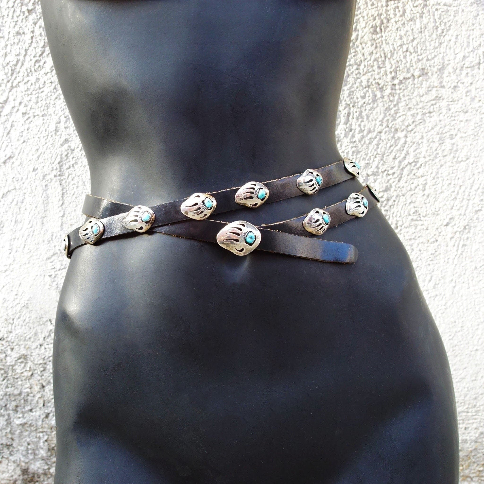 Native American MB Sterling Silver Turquoise Bear Paw Concho Leather Belt, Silver Cut Out Bear Claw With Bezeled Turquoise, Old Pawn Jewelry