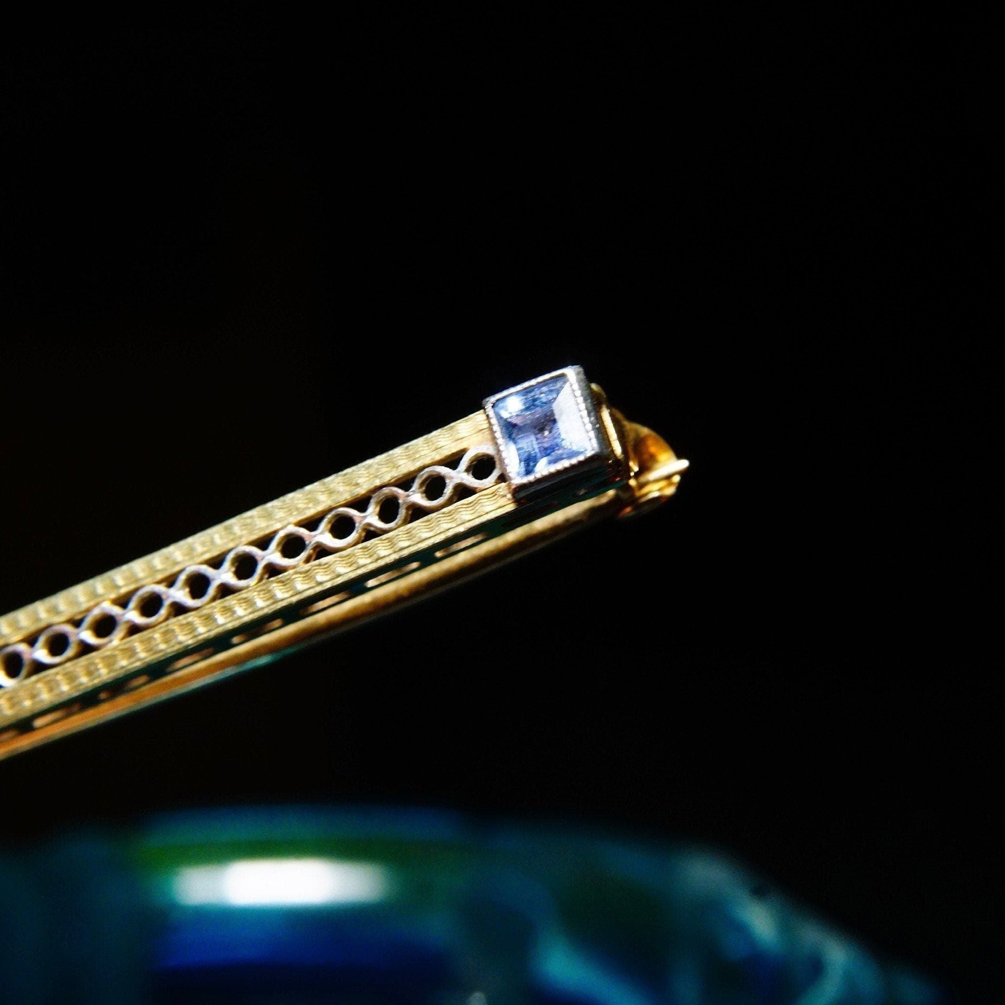 Antique Art Deco 14K Yellow Gold Filigree Diamond & Sapphire Bar Pin, .06 CT Diamond, Square Blue Gemstones, Rectangular Bar Pin, 2 1/2" L