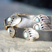 Native American MB Sterling Silver Turquoise Bear Paw Concho Leather Belt, Silver Cut Out Bear Claw With Bezeled Turquoise, Old Pawn Jewelry