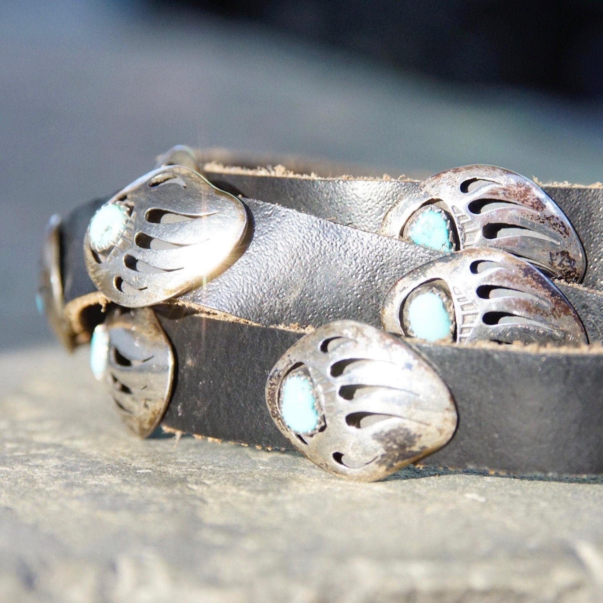 Native American MB Sterling Silver Turquoise Bear Paw Concho Leather Belt, Silver Cut Out Bear Claw With Bezeled Turquoise, Old Pawn Jewelry