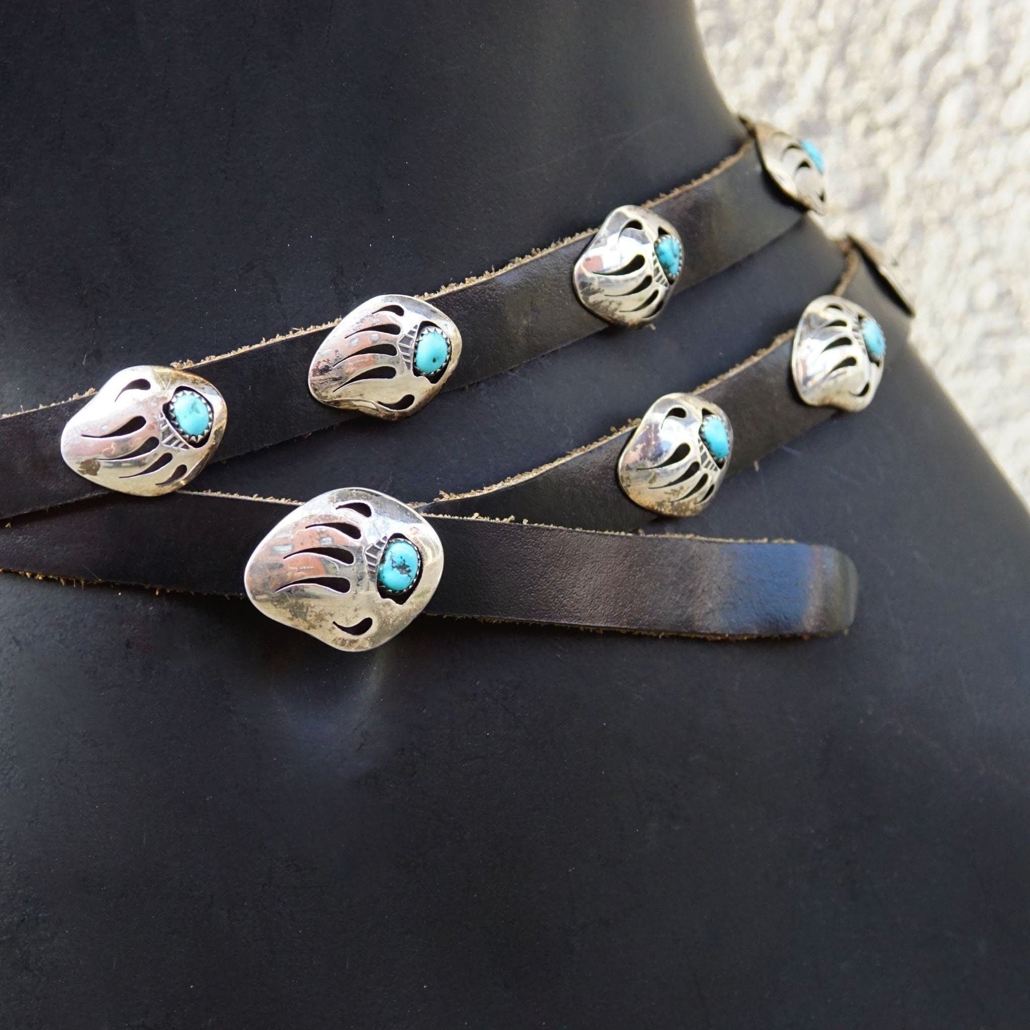 Native American MB Sterling Silver Turquoise Bear Paw Concho Leather Belt, Silver Cut Out Bear Claw With Bezeled Turquoise, Old Pawn Jewelry