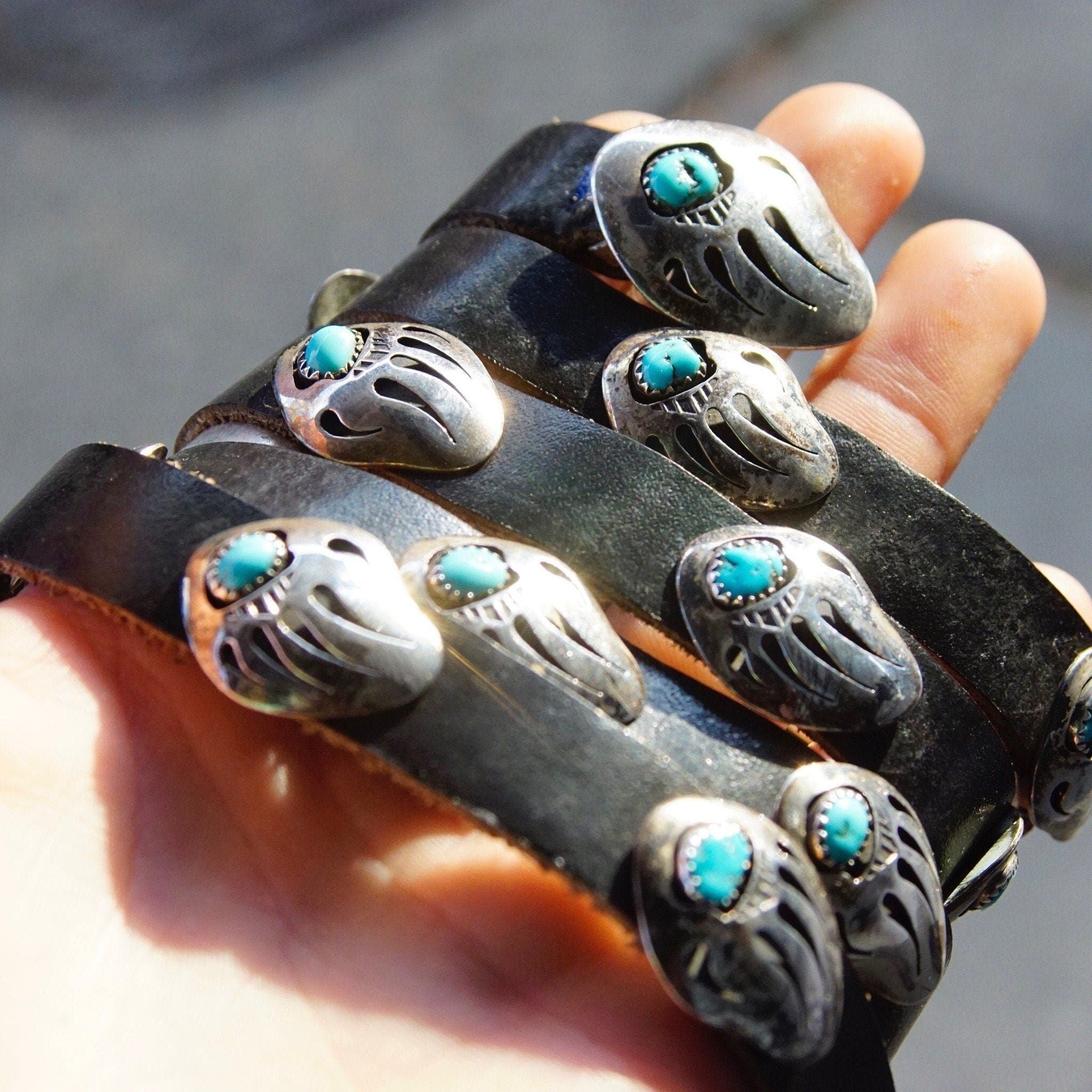 Native American MB Sterling Silver Turquoise Bear Paw Concho Leather Belt, Silver Cut Out Bear Claw With Bezeled Turquoise, Old Pawn Jewelry