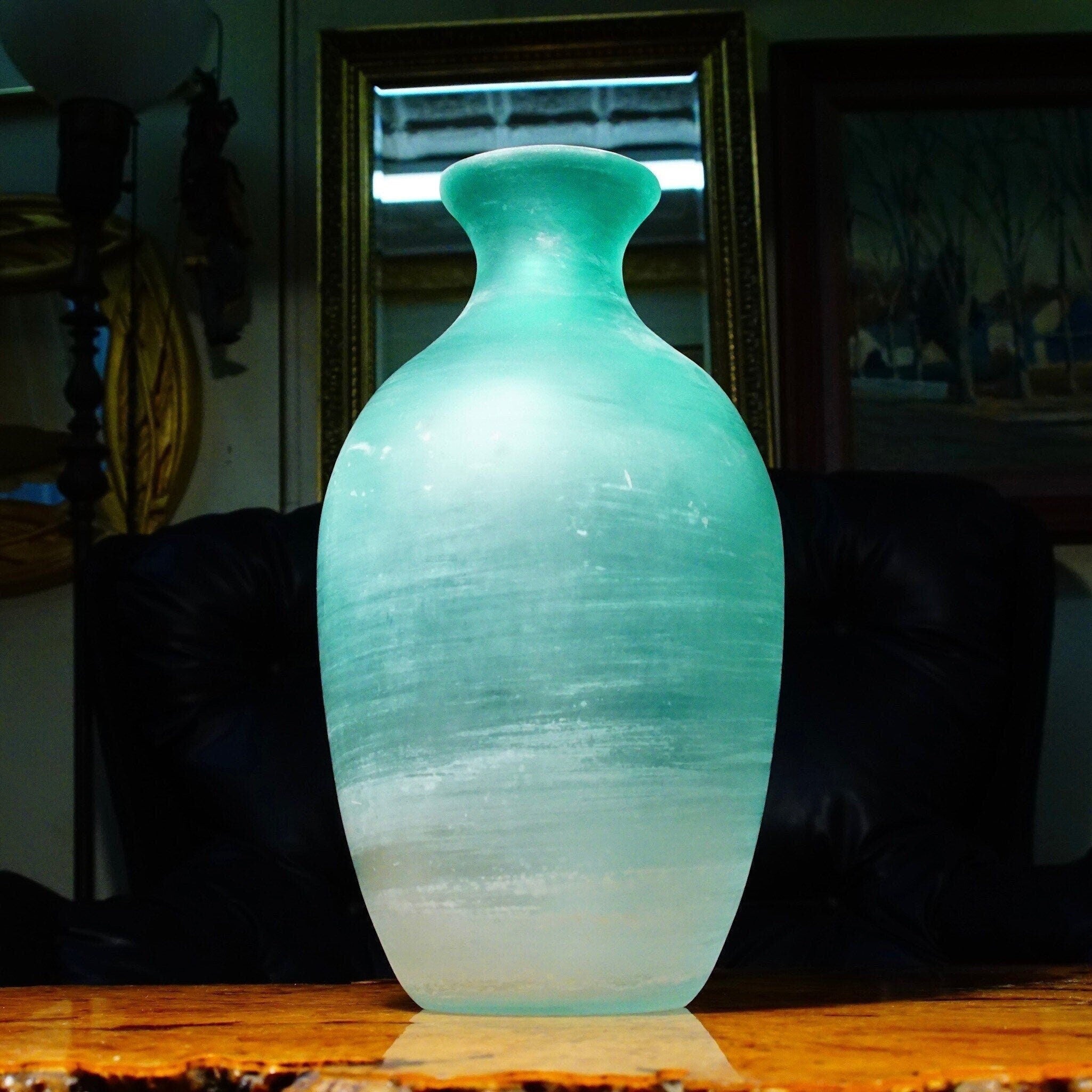 Vintage Signed Cenedese Modern Art Scavo Murano Frosted Blue Glass Vase, Impressive Italian Glass Vase, 12 1/4 H x 7 W
