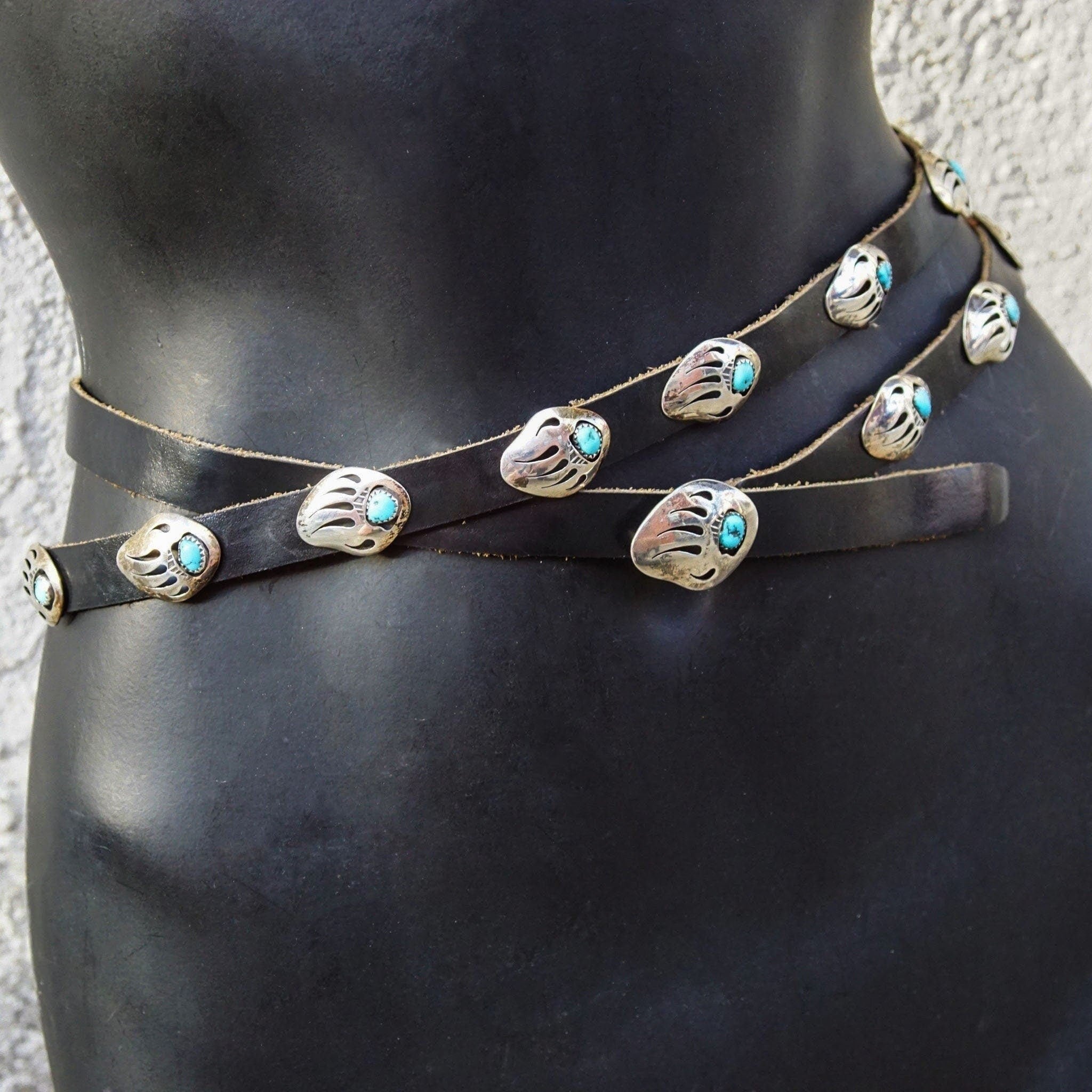 Native American MB Sterling Silver Turquoise Bear Paw Concho Leather Belt, Silver Cut Out Bear Claw With Bezeled Turquoise, Old Pawn Jewelry