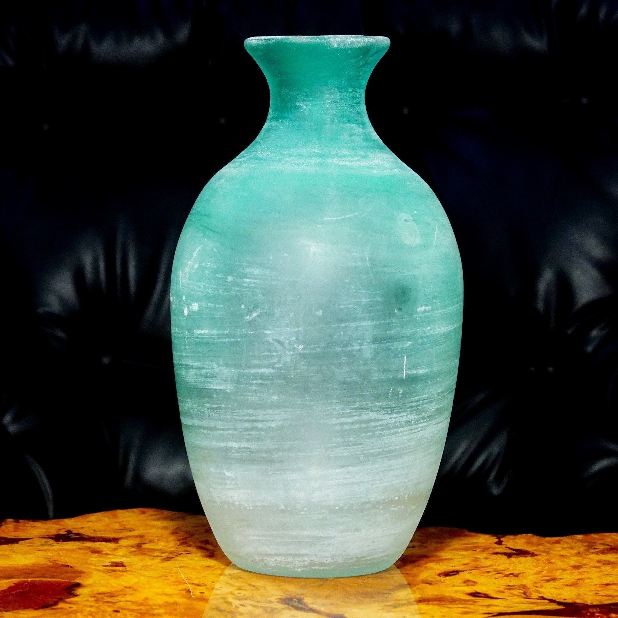 Vintage Signed Cenedese Modern Art Scavo Murano Frosted Blue Glass Vase, Impressive Italian Glass Vase, 12 1/4 H x 7 W