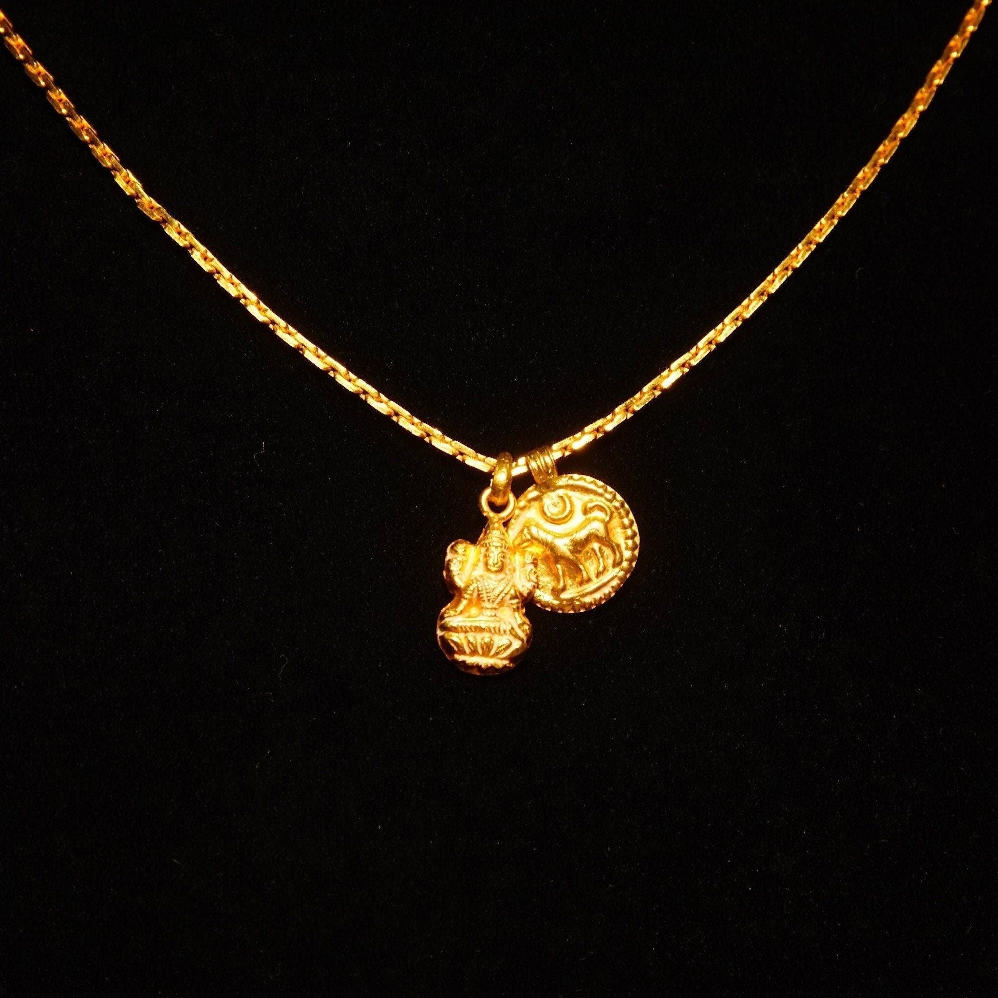 Vintage 22KT Yellow Gold 2-Charm Chain Necklace, Hindu Gods, Lakshmi, Bhairava, Dog Charm, 1.25mm Boston Link Chain, Hook Clasp, 16 3/4" L