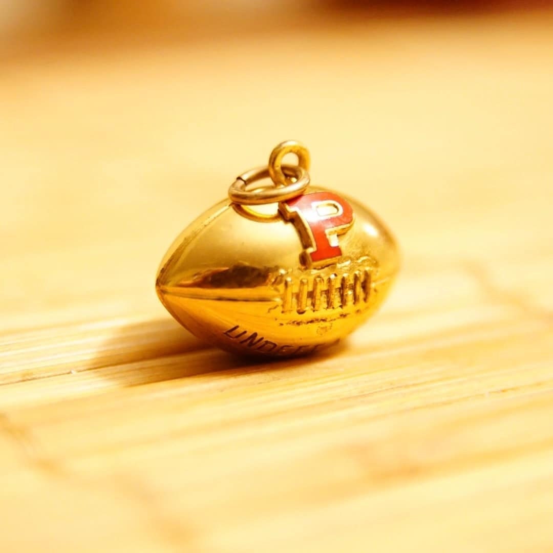 Vintage 10K Gold Enamel Football Charm 'Undefeated 1956', Red P Lettermark, Embossed Yellow Gold Football Charm/Pendant, 3/4" L x 7/8" W
