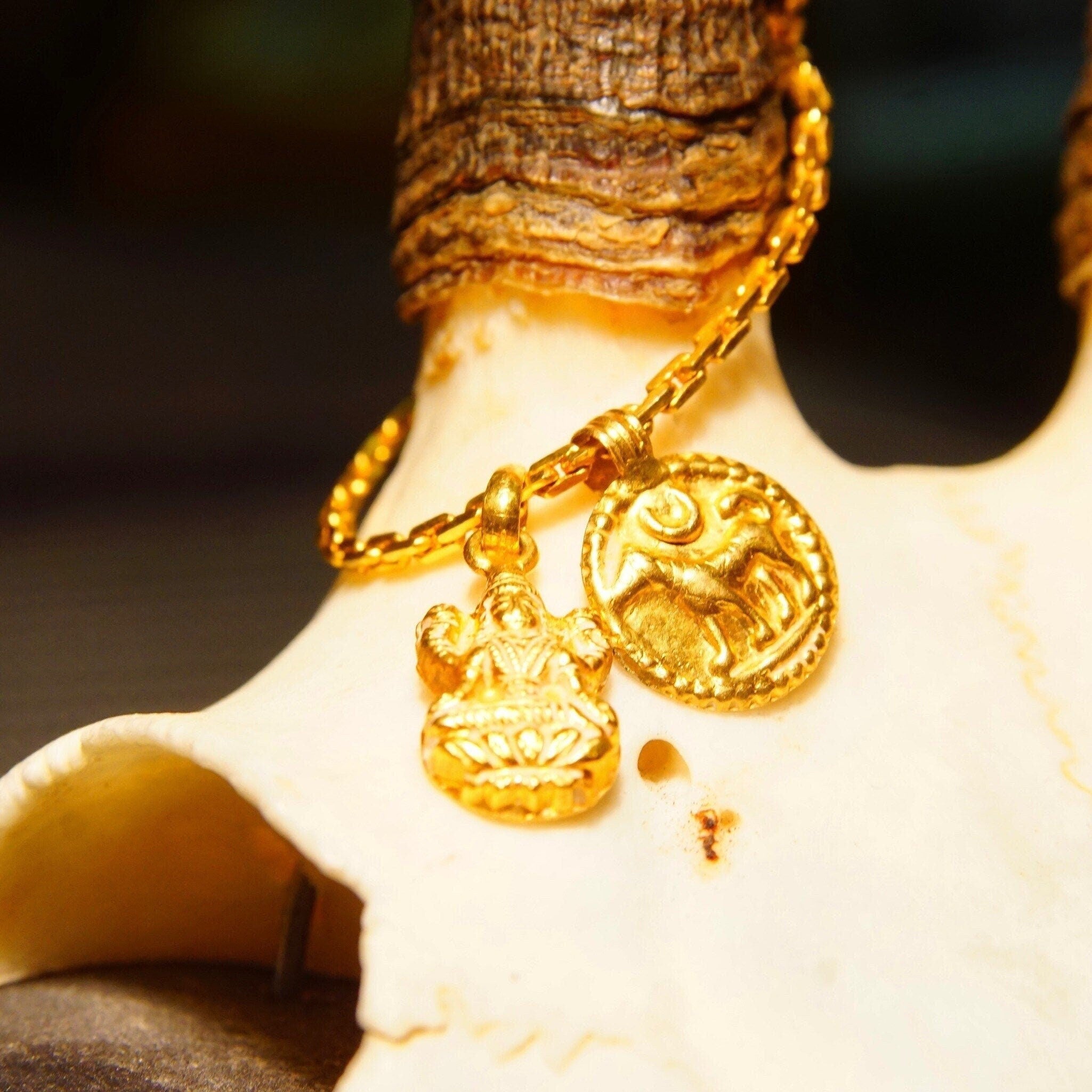 Vintage 22KT Yellow Gold 2-Charm Chain Necklace, Hindu Gods, Lakshmi, Bhairava, Dog Charm, 1.25mm Boston Link Chain, Hook Clasp, 16 3/4" L