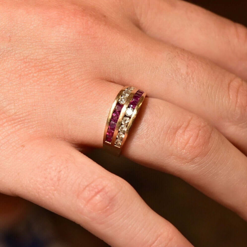 14K Channel Set Diamond Ruby Ring In Yellow Gold, Alternating Two-Row Design, Vintage Anniversary Ring, Size 6 US