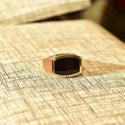 14K Yellow Gold Black Onyx Signet Ring, Sleek Modernist Unisex Gold Ring, Satin & Polished Finish, Size 8 3/4 US