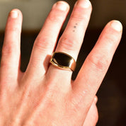 14K Yellow Gold Black Onyx Signet Ring, Sleek Modernist Unisex Gold Ring, Satin & Polished Finish, Size 8 3/4 US