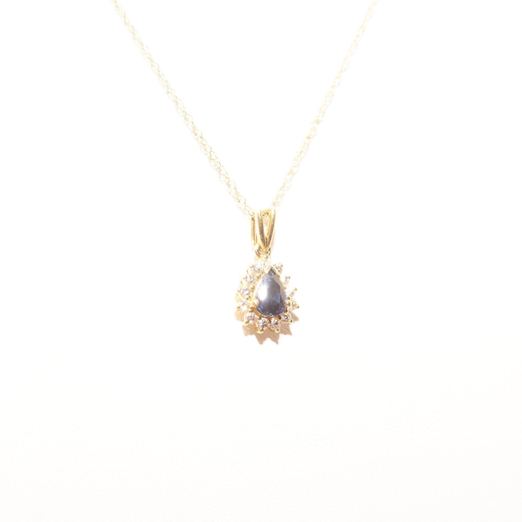 Sapphire Diamond Halo Teardrop Pendant Necklace In 14K Yellow Gold, 1mm Cable Chain, Estate Jewelry, 18 1/2" L - Good's Vintage