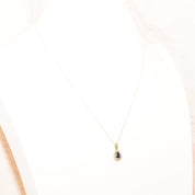 Sapphire Diamond Halo Teardrop Pendant Necklace In 14K Yellow Gold, 1mm Cable Chain, Estate Jewelry, 18 1/2" L - Good's Vintage