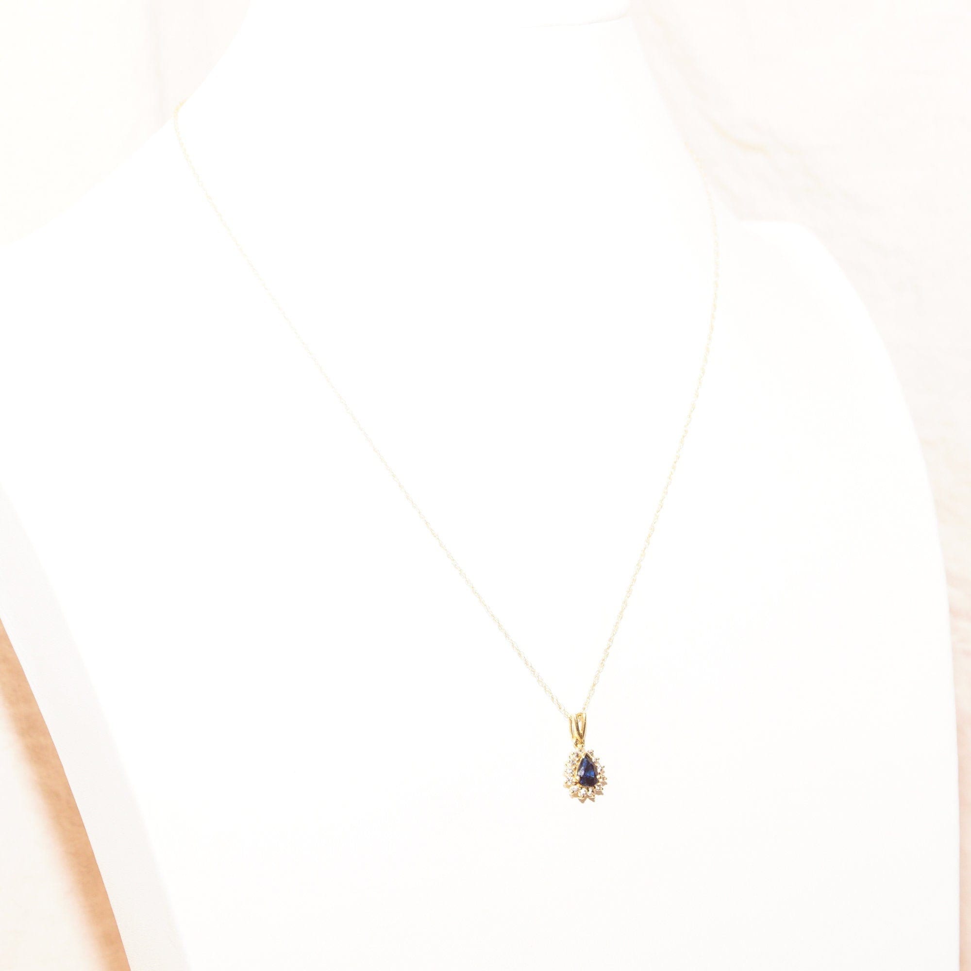 Sapphire Diamond Halo Teardrop Pendant Necklace In 14K Yellow Gold, 1mm Cable Chain, Estate Jewelry, 18 1/2" L - Good's Vintage