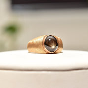 14K Black Star Sapphire Ring In Satin Yellow Gold, Men's Pinky Ring, Gemstone Asterism, Estate Jewelry, 8 3/4 US