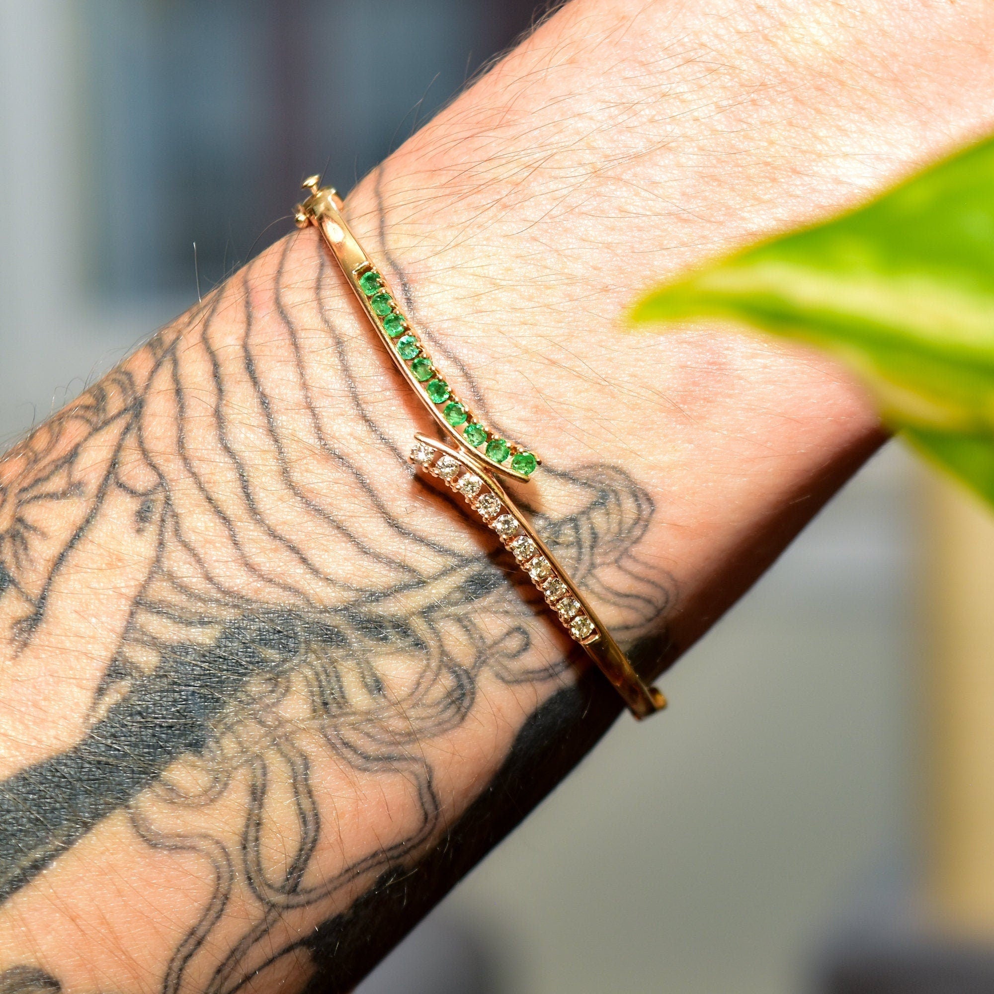 Natural Emerald Diamond Bypass Bangle Bracelet In 14K Gold