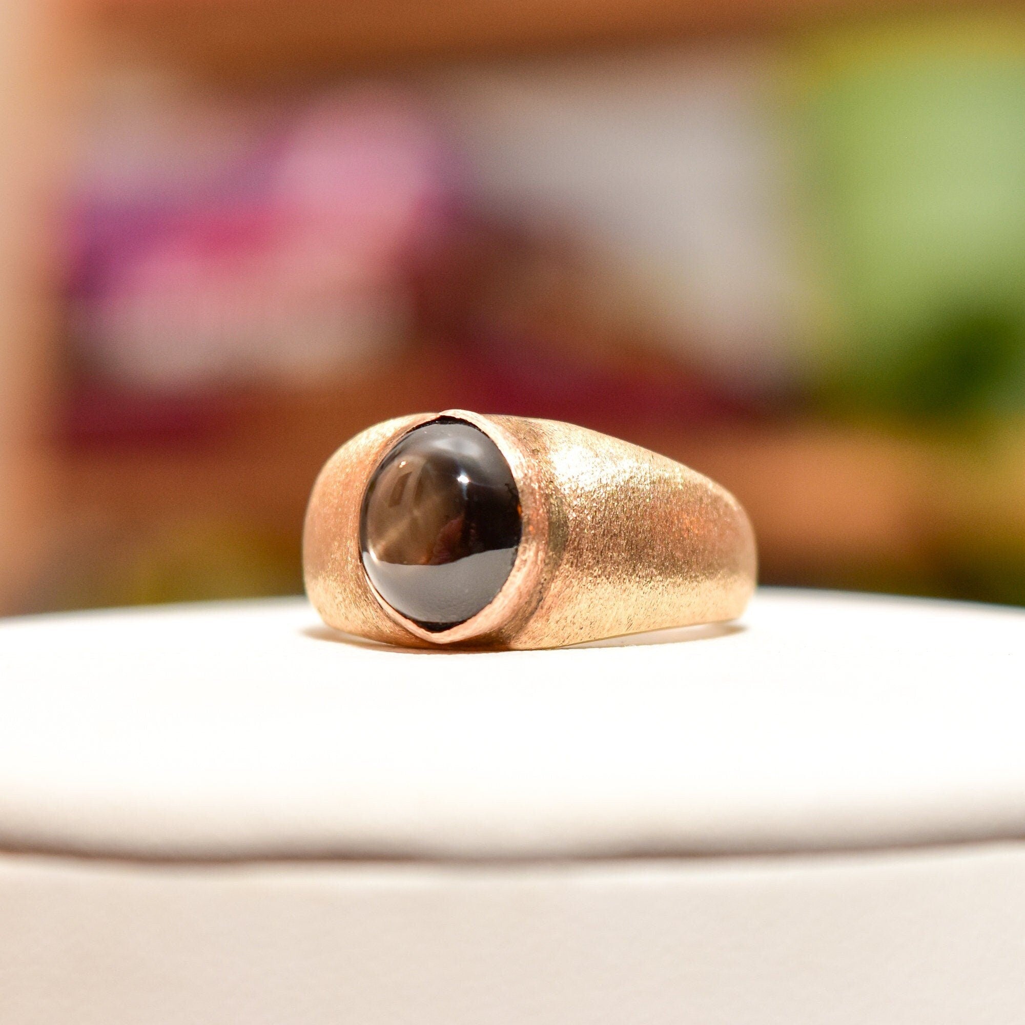 14K Black Star Sapphire Ring In Satin Yellow Gold, Men's Pinky Ring, Gemstone Asterism, Estate Jewelry, 8 3/4 US