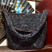 1940's Bugle Bead Box Purse W/ Matching Top-Handle Strap, Rose Gold Satin Lining & Coin Purse