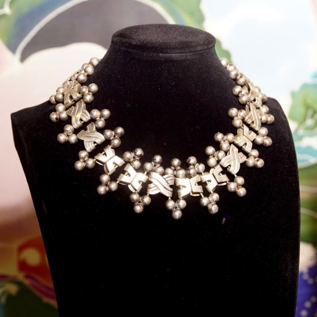 Hector Aguilar TAXCO 940 Sterling Silver Festoon Necklace, Chunky Silver X-Link Bead Collar Necklace, 16 1/2" L