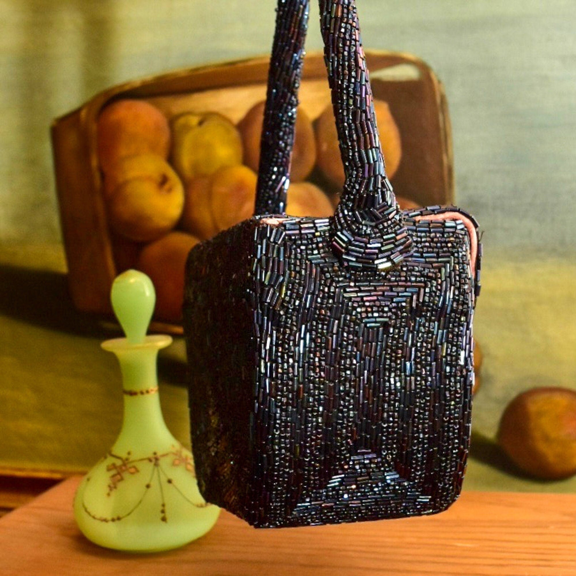 1940's Bugle Bead Box Purse W/ Matching Top-Handle Strap, Rose Gold Satin Lining & Coin Purse