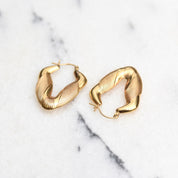 14K Puffed V-Hoops, Line Textured Yellow Gold Chevron Earrings, Hinged Ear Wire, S/M Size, 1 3/8" L