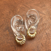 14K Scallop Hoop Earrings, Yellow Gold Round Puff Hoops, Wreath/Ribbon Motif, Estate Jewelry, 1 1/4"