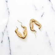 14K Puffed V-Hoops, Line Textured Yellow Gold Chevron Earrings, Hinged Ear Wire, S/M Size, 1 3/8" L