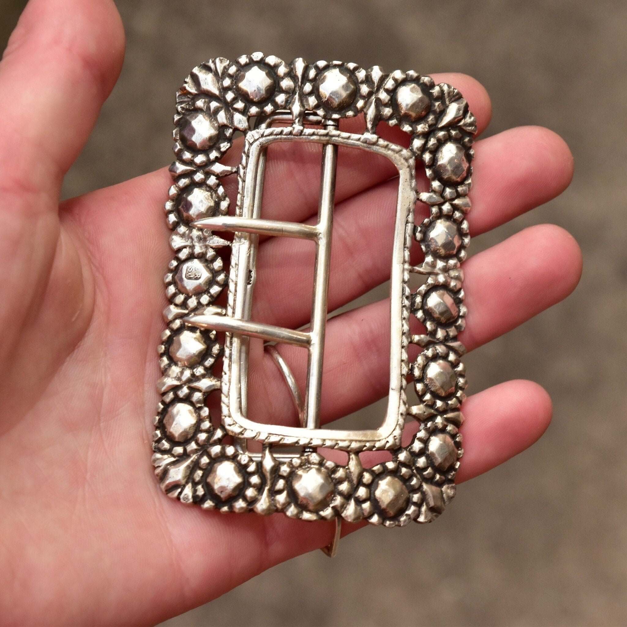 Antique English Sterling Silver Nurses Belt Buckle, Large Solid Silver Baroque Flower Belt Buckle, Art Nouveau, 3 1/2" H - Good's Vintage