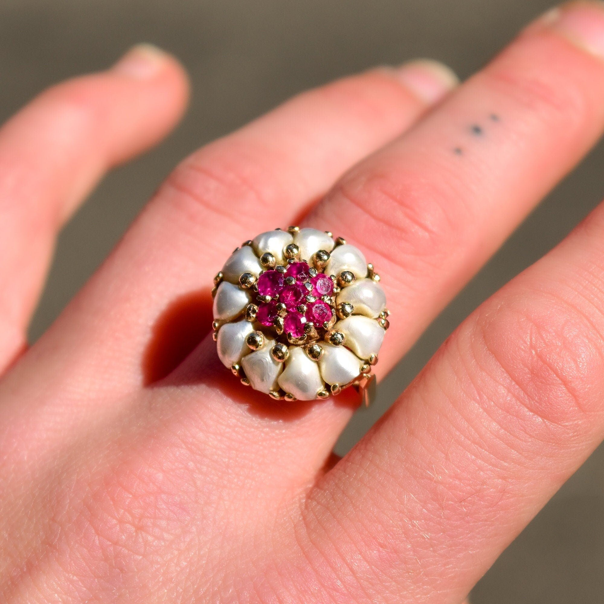 14K Pink Ruby Pearl Cluster Ring In Yellow Gold, Flower Dome Bombe Ring, Estate Jewelry, Size 9 US