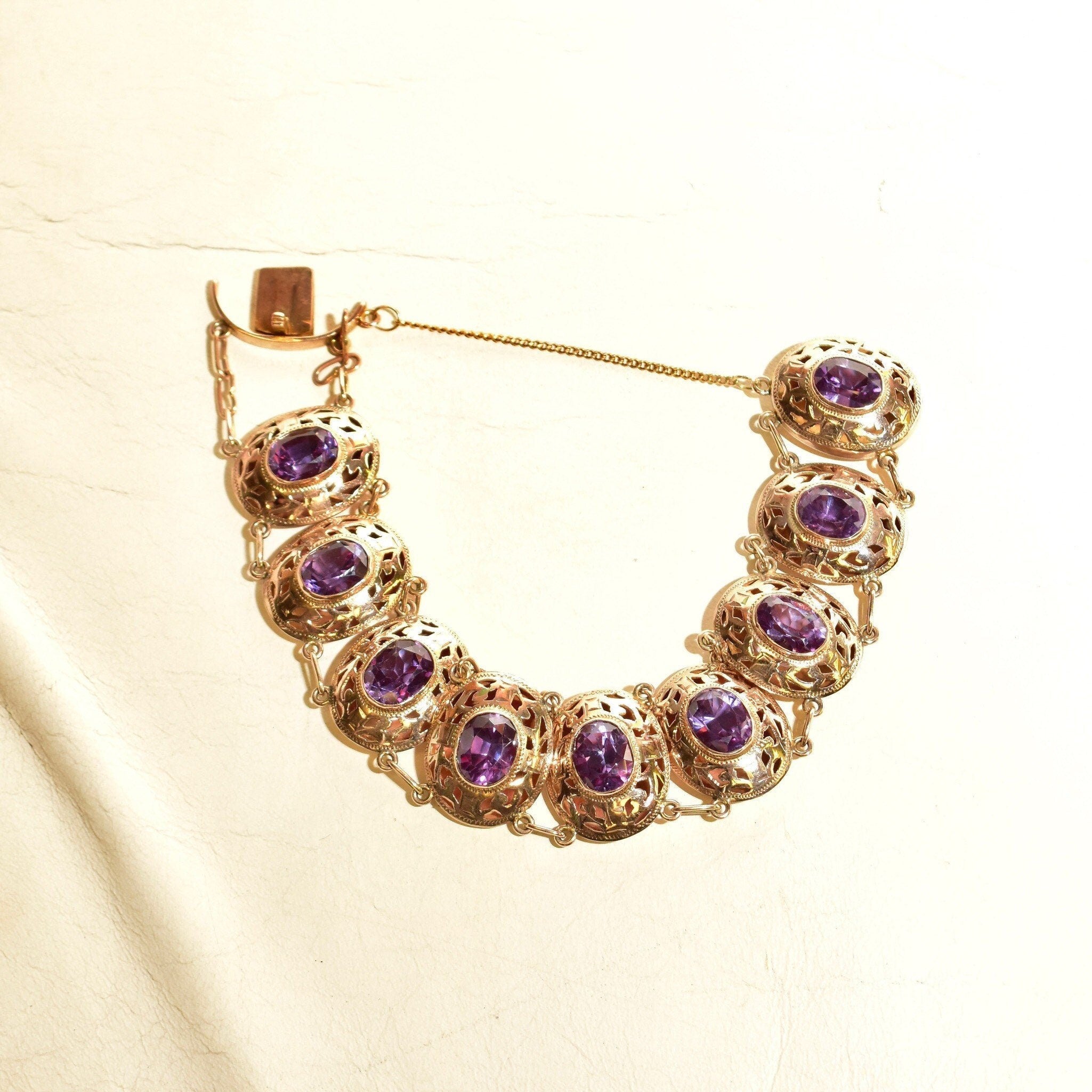Art Deco 14K Gold Alexandrite Link Bracelet, Ornate Puffed Bezel Cup Links, Color-Changing Gemstones, Wide Link Bracelet, 6 1/2" L