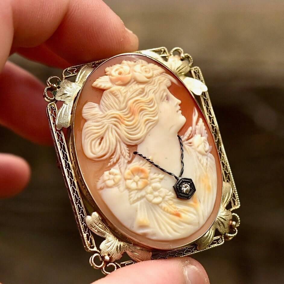 Antique Art Deco 14k White Gold Filigree Diamond Necklace Cameo Brooch Pendant, Floral Embellished Rectangle Frame, 48mm - Good's Vintage