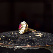 14K Pink Ruby Pearl Cluster Ring In Yellow Gold, Flower Dome Bombe Ring, Estate Jewelry, Size 9 US