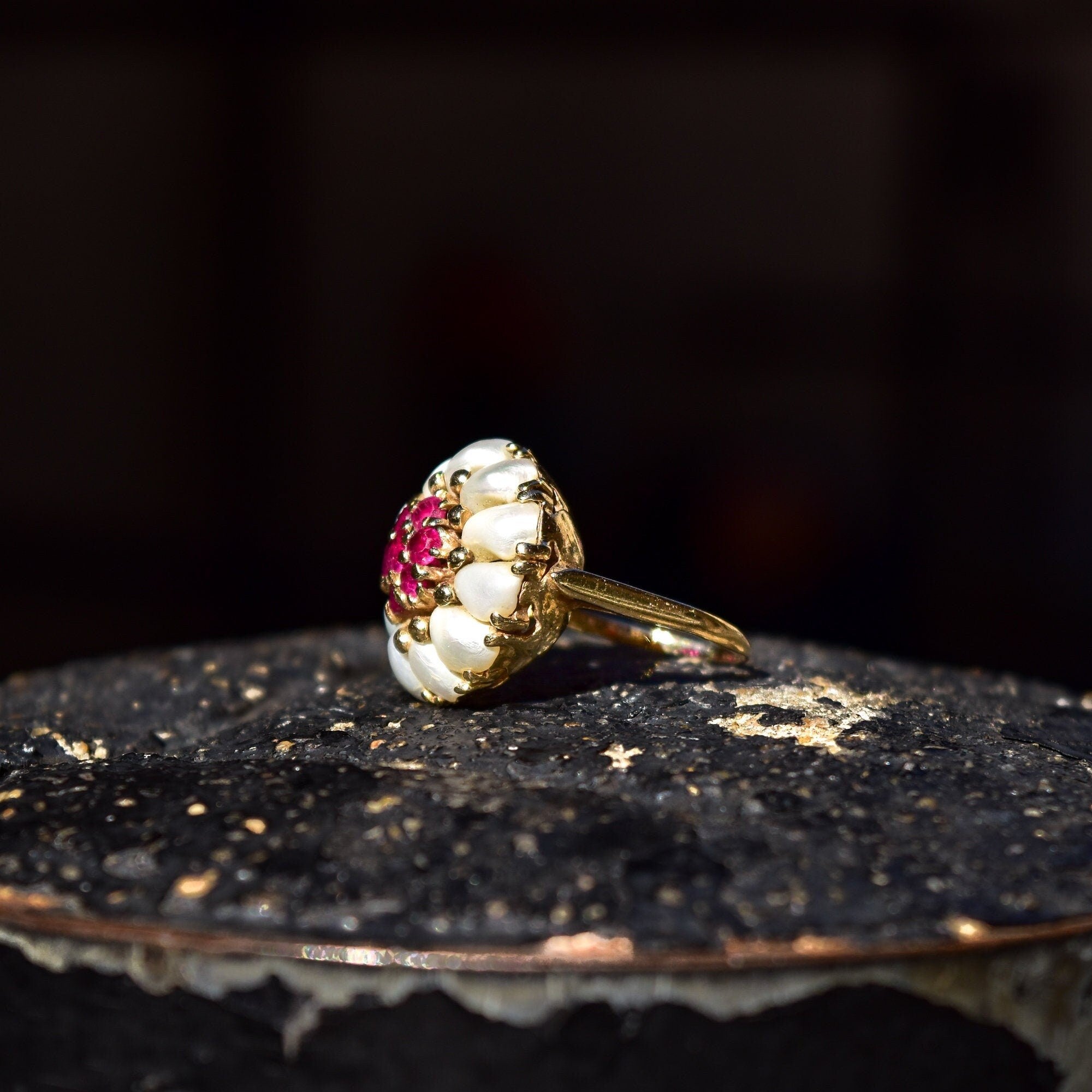 14K Pink Ruby Pearl Cluster Ring In Yellow Gold, Flower Dome Bombe Ring, Estate Jewelry, Size 9 US