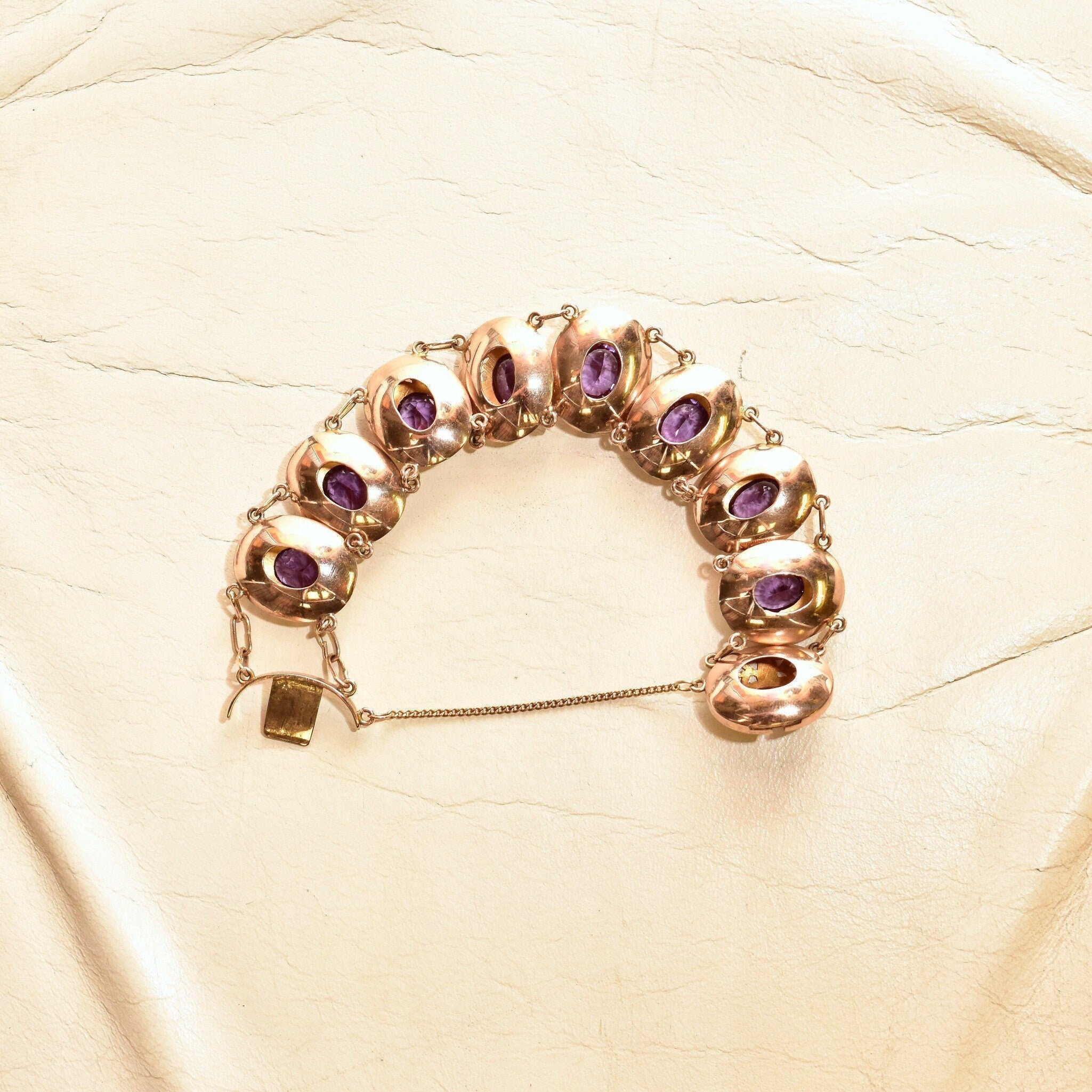Art Deco 14K Gold Alexandrite Link Bracelet, Ornate Puffed Bezel Cup Links, Color-Changing Gemstones, Wide Link Bracelet, 6 1/2" L