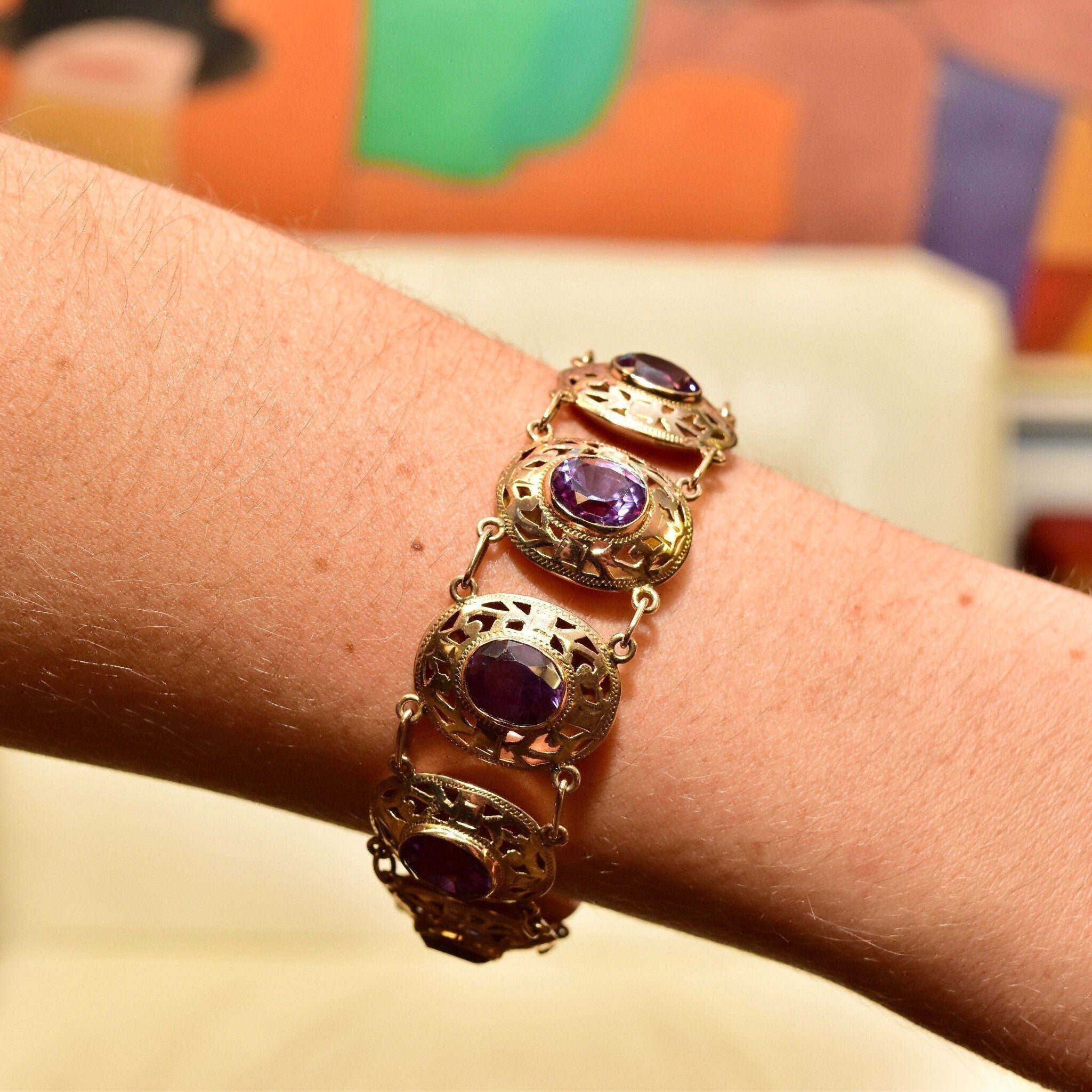 Art Deco 14K Gold Alexandrite Link Bracelet, Ornate Puffed Bezel Cup Links, Color-Changing Gemstones, Wide Link Bracelet, 6 1/2" L