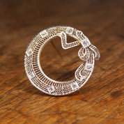 Antique Art Deco 14K White Gold Diamond Filigree Wreath Brooch, .35 TCW, Open Circle Ribbon Bow Pin With 8 OEC Diamonds, 1 1/2" Diameter