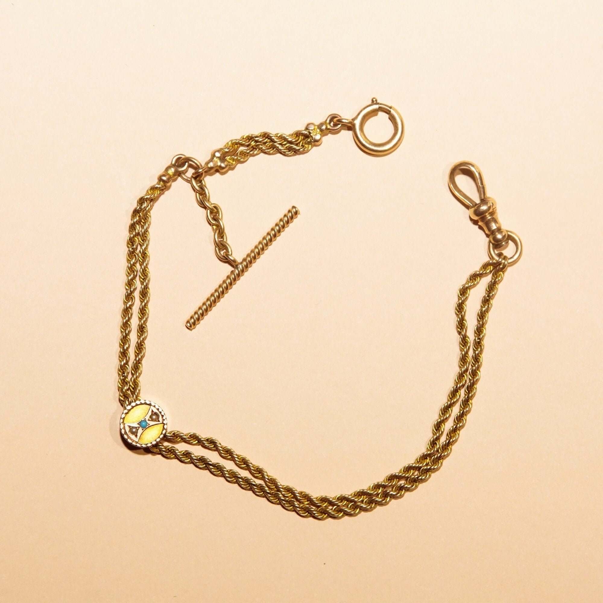 Antique 14K Ladies Pocket Watch Chain W/ Turquoise Seed Pearl Slide & T-Bar, Victorian Watch Chain Jewelry, 9" L - Good's Vintage