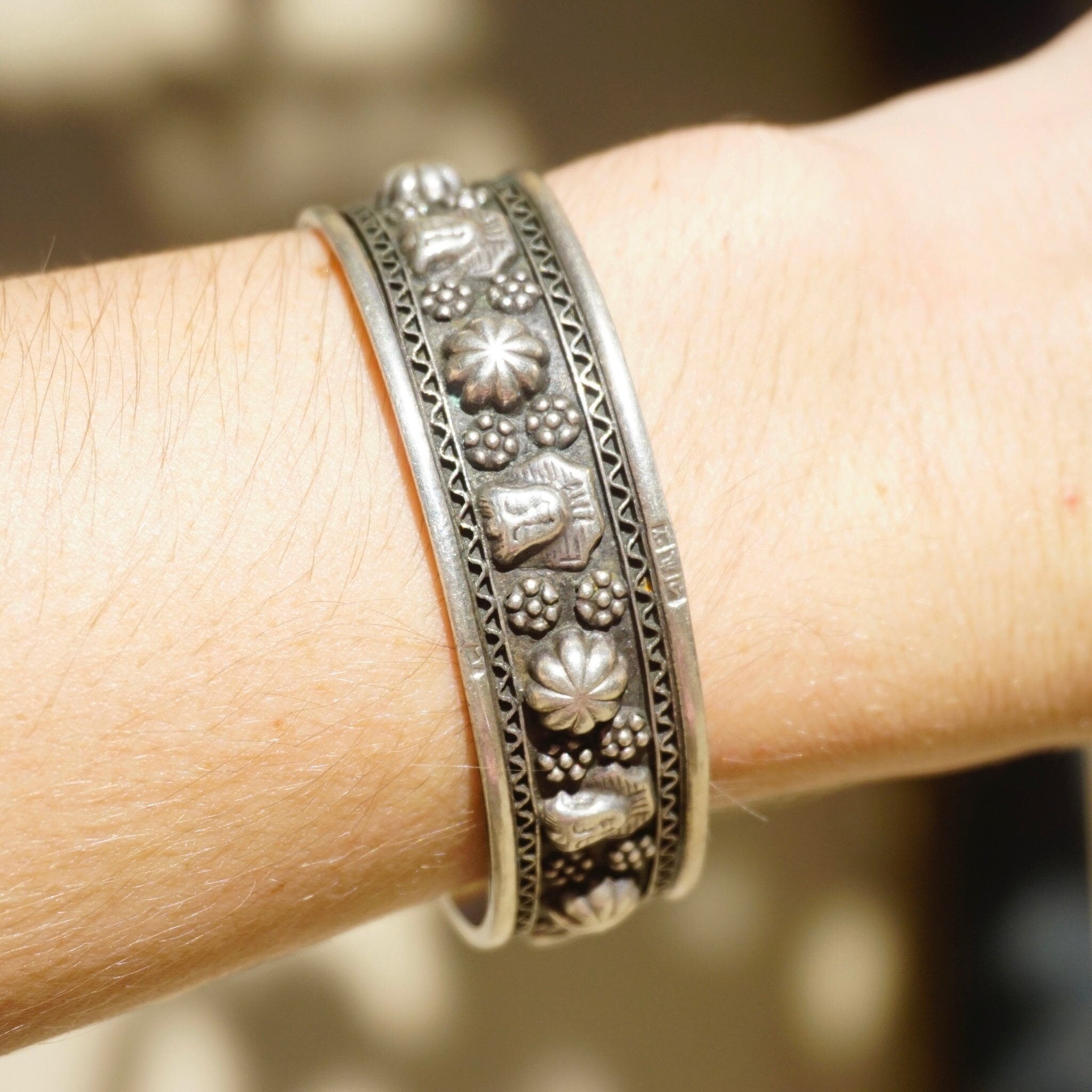 Vintage Egyptian Sterling Silver Bracelet Cuff, Engraved Silver Cuff With Egyptian Sphinx Faces and Flowers, Detailed Silver Bracelet Cuff
