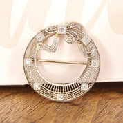 Antique Art Deco 14K White Gold Diamond Filigree Wreath Brooch, .35 TCW, Open Circle Ribbon Bow Pin With 8 OEC Diamonds, 1 1/2" Diameter