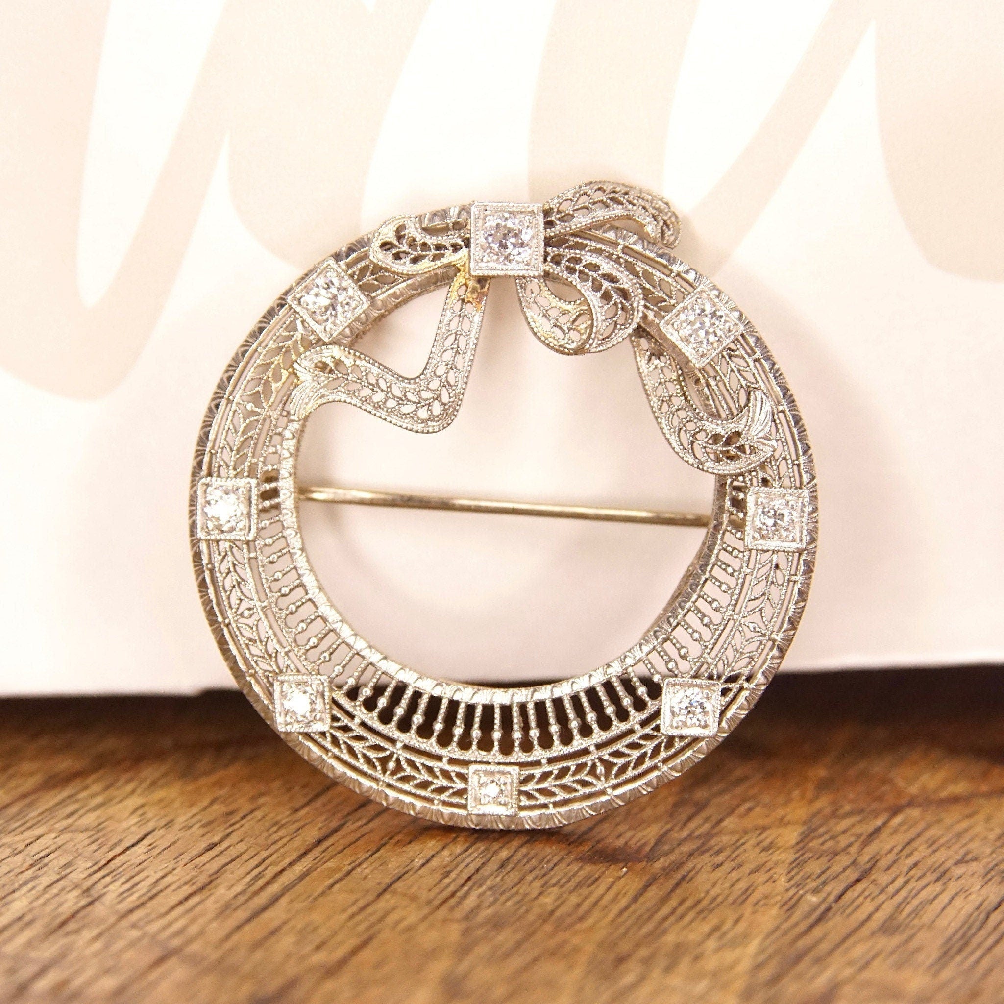Antique Art Deco 14K White Gold Diamond Filigree Wreath Brooch, .35 TCW, Open Circle Ribbon Bow Pin With 8 OEC Diamonds, 1 1/2" Diameter
