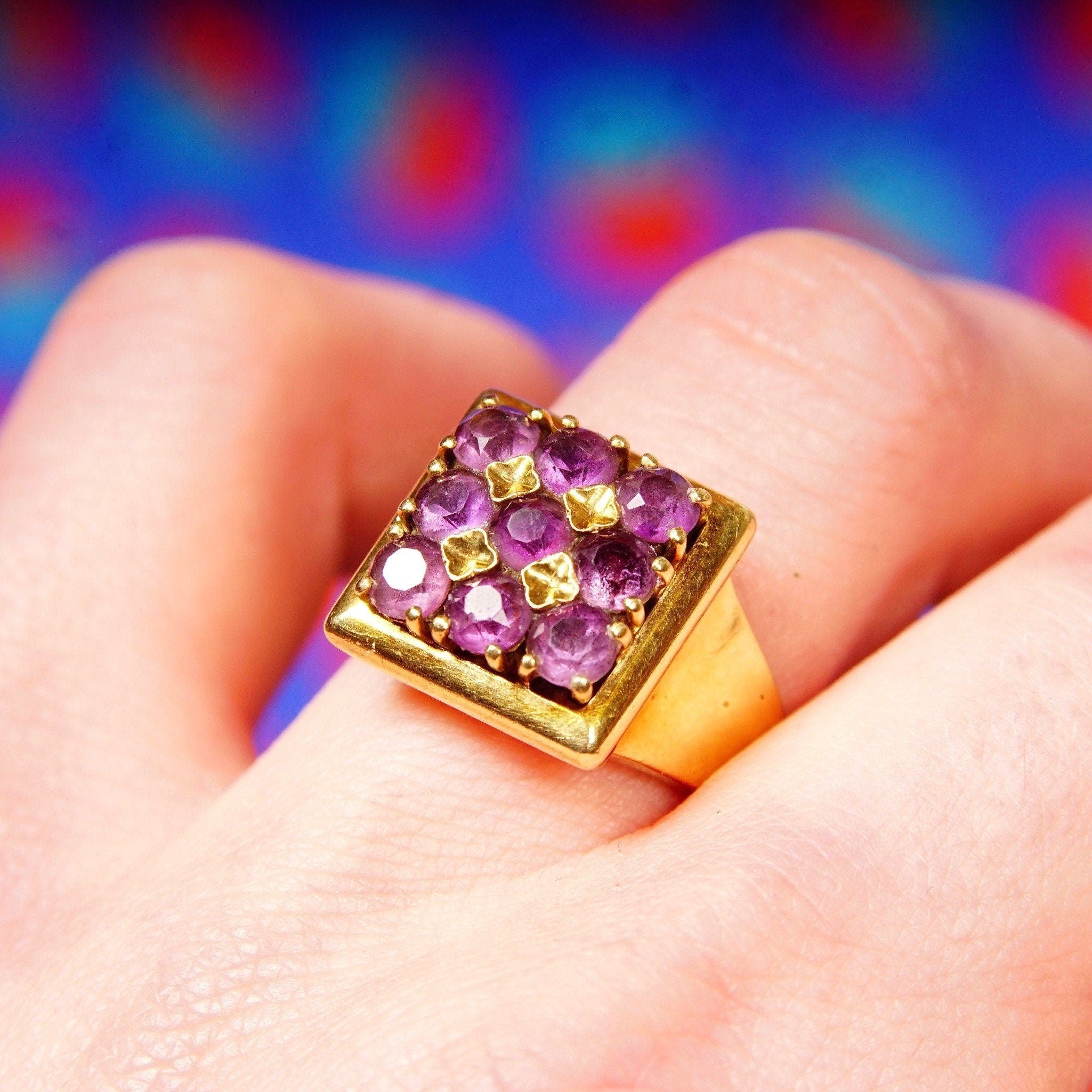 Modernist 14K Amethyst Cluster Ring, Men's Style Square-Top Ring Face, 9 Round-Cut Stones, Size 8 US