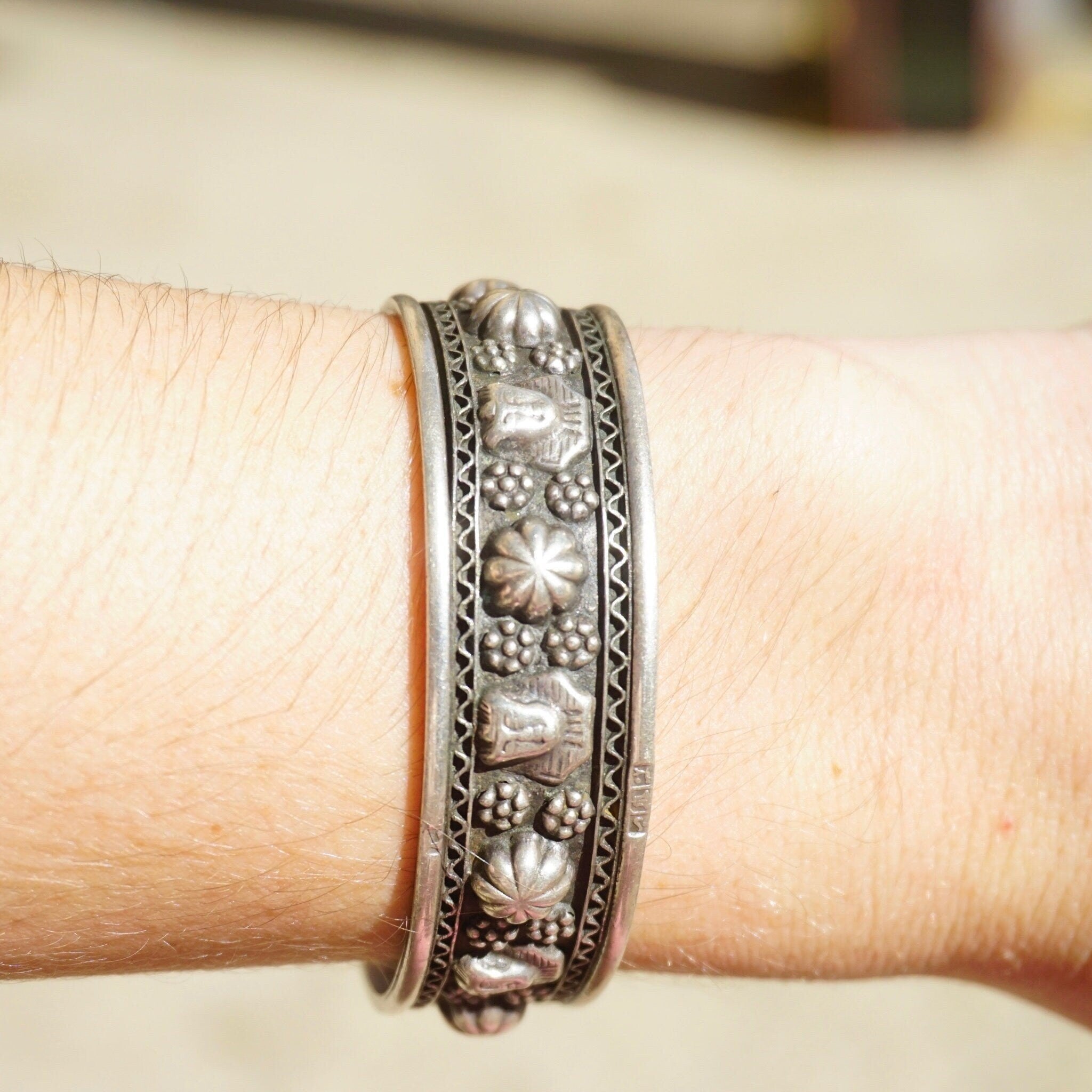 Vintage Egyptian Sterling Silver Bracelet Cuff, Engraved Silver Cuff With Egyptian Sphinx Faces and Flowers, Detailed Silver Bracelet Cuff