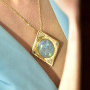 Solid Engraved 18K Opal Mosaic Diamond Cluster Pendant, Large Diamond-Shaped Opal Triplet Pendant, Gemstone Accents - Good's Vintage