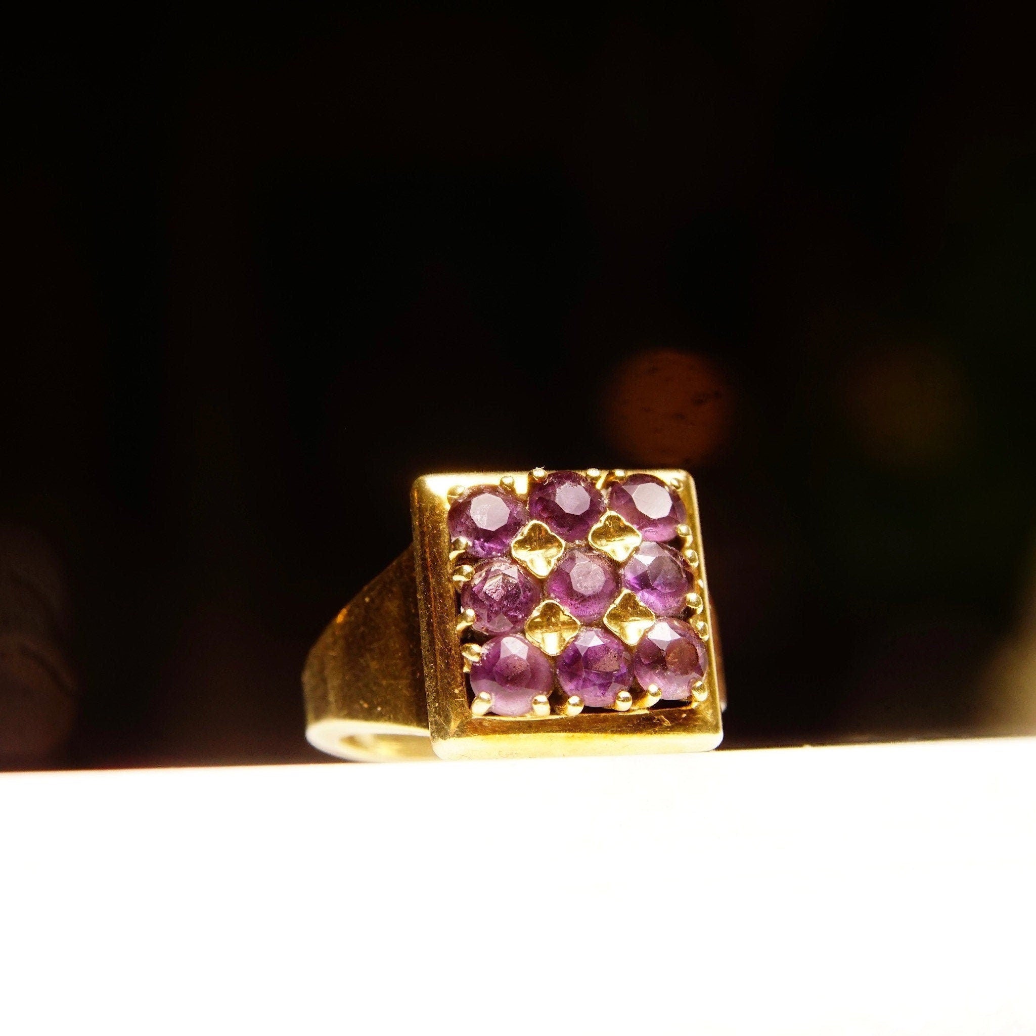 Modernist 14K Amethyst Cluster Ring, Men's Style Square-Top Ring Face, 9 Round-Cut Stones, Size 8 US