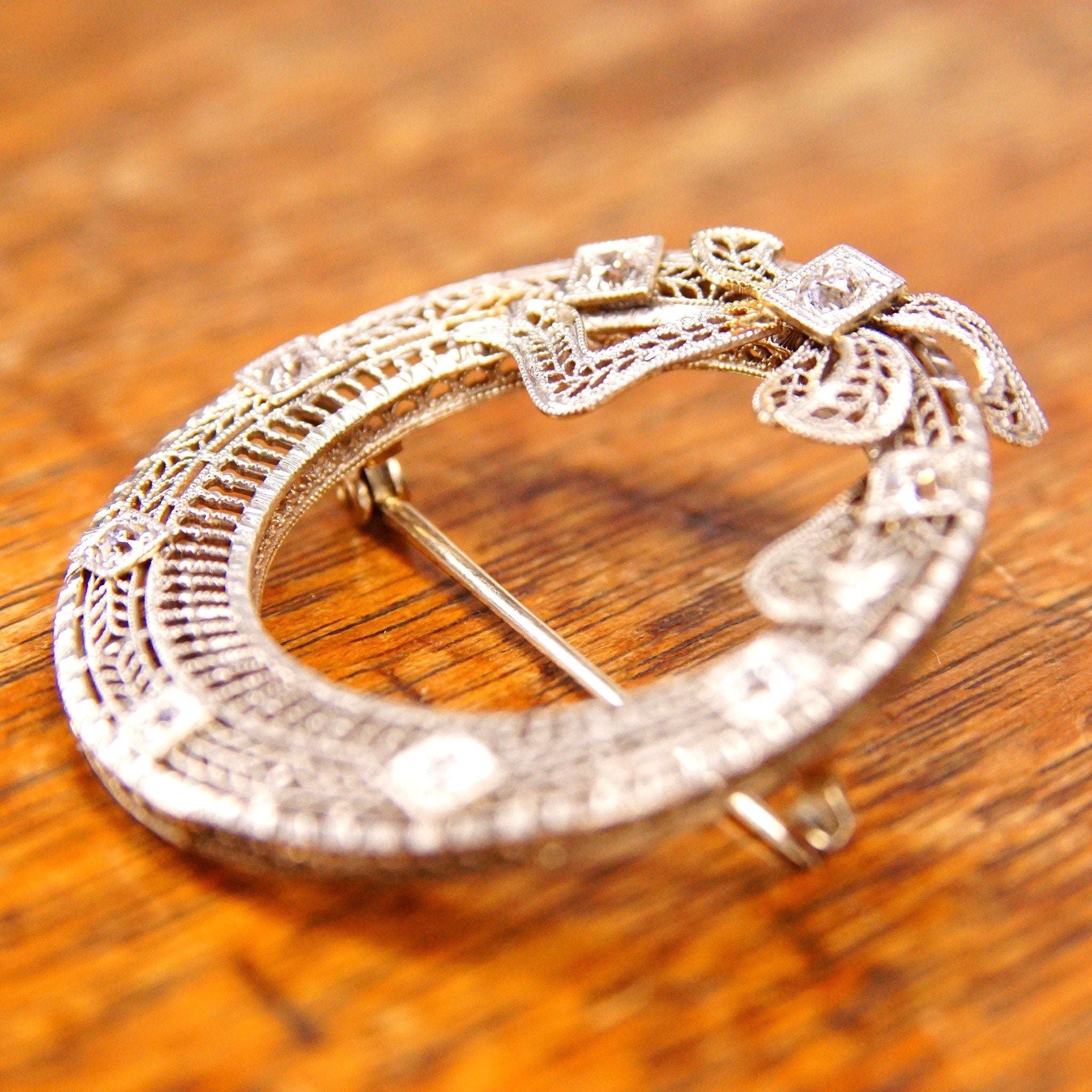 Antique Art Deco 14K White Gold Diamond Filigree Wreath Brooch, .35 TCW, Open Circle Ribbon Bow Pin With 8 OEC Diamonds, 1 1/2" Diameter