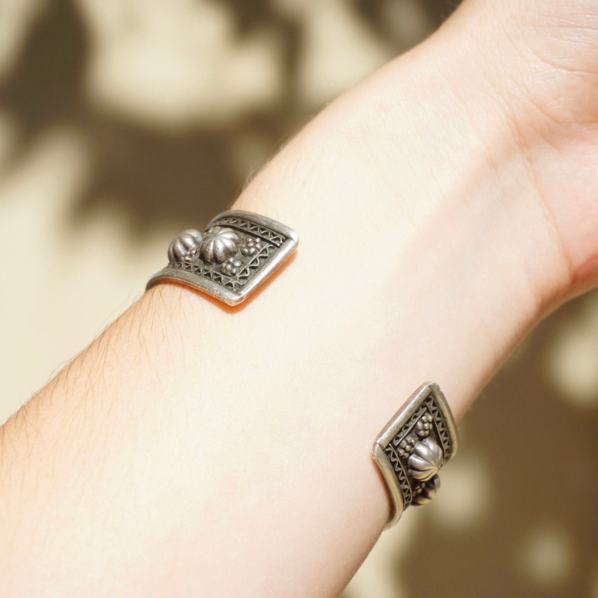 Vintage Egyptian Sterling Silver Bracelet Cuff, Engraved Silver Cuff With Egyptian Sphinx Faces and Flowers, Detailed Silver Bracelet Cuff